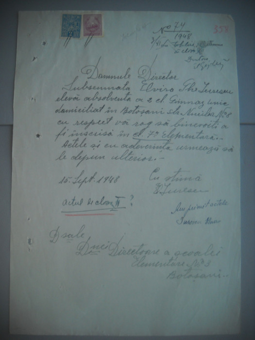 HOPCT DOCUMENT VECHI NR 465 IURESCU ELVIRA-EVREU-SCOALA NR 3 FETE BOTOSANI 1948