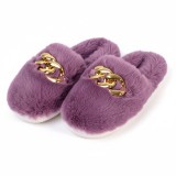 Cumpara ieftin Papuci de casă damă pufosi mov, mărimea 40, blană artificială, talpă EVA, cu cataramă aurie, model confortabil