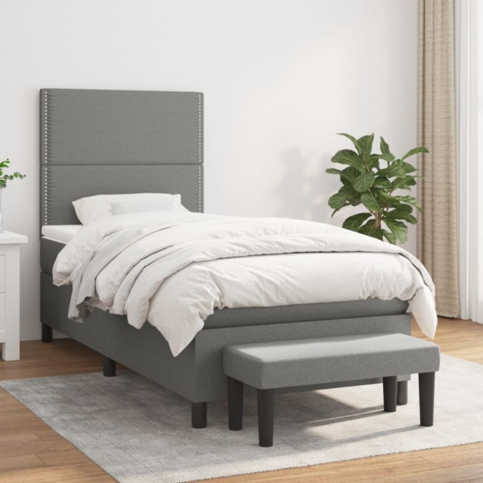 vidaXL Pat box spring cu saltea, gri &icirc;nchis, 80x200 cm, textil