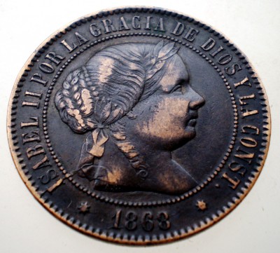 F.571 SPANIA ISABEL II 5 CENTIMOS DE ESCUDO 1868 7 STAR EROARE foto