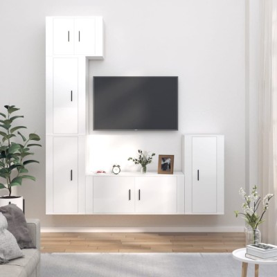 Set dulap TV, 5 piese, alb extralucios, lemn prelucrat foto