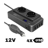 Invertor de Tensiune 12V de la Priza Auto la Priza EU Dubla 230V, Putere 400W, 4 x Porturi USB, 5.4A, Suport PD, Afisaj Digital