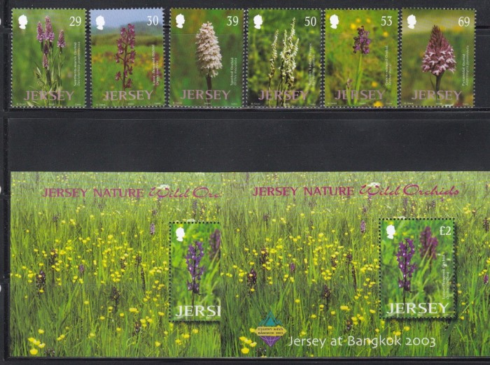 Jersey 2003 - Orhidee sălbatice, Serie + Colita + Colita cu Supratipar &quot;Jersey at Bangkok 2003&quot;, SET COMPLET, MNH