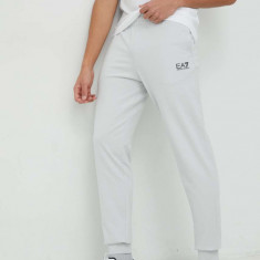 EA7 Emporio Armani pantaloni de trening din bumbac culoarea gri, neted