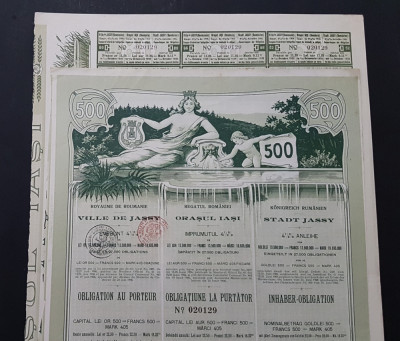 Titlu / Obligatiune orasul Iasi 500 lei aur 1906 , piesa de colectie , actiuni foto