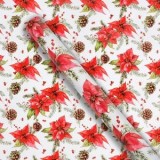 Hartie de ambalat cu model de Craciun, Rola 150x70cm, Alba cu flori rosii de craciunita, CMCLASS