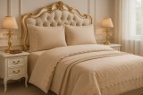 Cumpara ieftin Lenjerie Pat Dublu Deluxe 4 Piese, Bumbac Fin, Broderie Eleganta, Fabricat in Turcia, Culoare Cappuccino