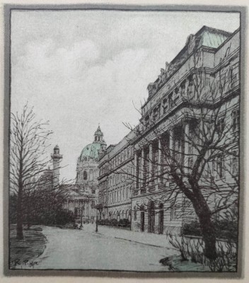 Biserica Sf. Carol şi Univ. Tehnică din Viena, litografie veche (verso 1924) foto