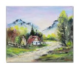 Cumpara ieftin Tablou peisaj casa si capite de fan, pictat manual, 30x25cm ulei pe panza, Romeo Coroi