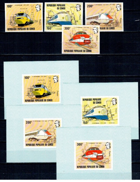 Congo 1982 - Locomotive, trenuri, G, Stephenson, serie nedantelata si colite nedantelate DELUXE neuzate