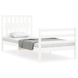 Cadru de pat cu tablie single, alb, lemn masiv