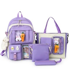 Set ghiozdan copii din 4 piese MBrands, iepure, breloc urs, morcov, waterpoof - Mov foto