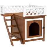 PawHut Casă pentru pisici, cu două nivele, cu balcon și scară, pentru interior și exterior, pentru pisici și iepuri, lemn de brad, Maro | Aosom Romani