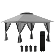 Pavilion/foisor pentru gradina/terasa, pliabil, cu inaltime ajustabila, material Oxford, cadru metalic, plasa insecte, 4 contragreutati, gri, 3.92x3.9
