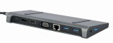 DOCKING Station Gembird universal, 9-in-1, conec PC USB-C,USB-Cx1, USB-A 3.1x3, porturi video HDMIx1,DisplayPortx1,VGAx1,PD 87W,RJ45,Audio,argintiu &quot;A