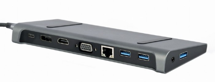 DOCKING Station Gembird universal, 9-in-1, conec PC USB-C,USB-Cx1, USB-A 3.1x3, porturi video HDMIx1,DisplayPortx1,VGAx1,PD 87W,RJ45,Audio,argintiu &quot;A