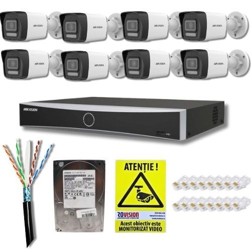 Sistem supraveghere IP complet Hikvsion 8 camere 4MP Dual Light 30m, NVR 8 canale PoE 8MP 4K AcuSense, HDD 2TB SafetyGuard Surveillance