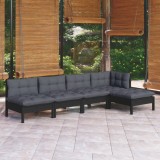 Cumpara ieftin Set mobilier grădină cu perne, 5 piese, negru, lemn de pin