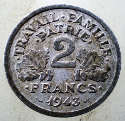 1.117 FRANTA VICHY WWII 2 FRANCS FRANCI 1943 foto