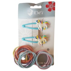 Set 16 elastice de par cu 2 agrafe cu Ponei, 6 cm, Albastru, 41BJ