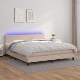 Pat Gossi 180x200 cm cu arcuri, saltea, LED, piele eco cappuccino. Tablie reglabila. Protectie saltea inclusa. Conector USB