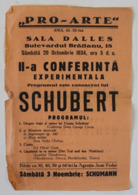 &amp;#039; PRO - ARTE &amp;#039; , AFISUL CONFERINTEI EXPERIMENTALE , PROGRAM CONSACRAT LUI SCHUBERT , 1934 foto