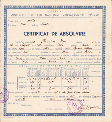 HST A536 Certificat absolvire 7 clase 1940 Ineu județul Arad foto