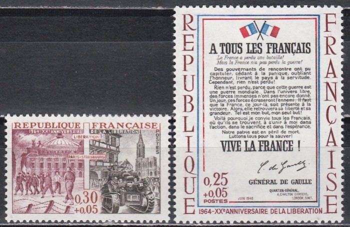 Franta 1964 - 20 de ani de la Eliberare, 2 Serii, MNH