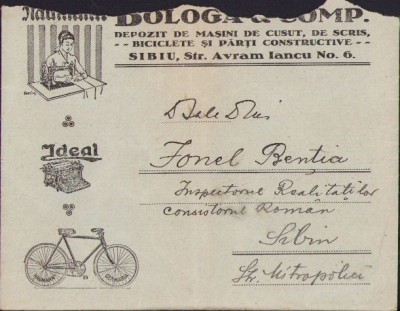 A2076 Plic cu antet Bologa &amp;amp; Comp depozit de mașini de cusut, de scris, biciclete și părți constructive, Sibiu, perioada interbelică foto