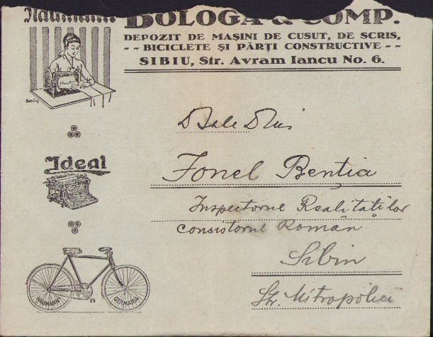 A2076 Plic cu antet Bologa &amp; Comp depozit de mașini de cusut, de scris, biciclete și părți constructive, Sibiu, perioada interbelică