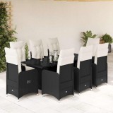Set bistro de grădină, 9 piese, cu perne, negru, poliratan