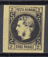 ROMANIA 1866/1867 LP 18 a REGELE CAROL CU FAVORITI 2 PARALE NEGRU/HARTIE GALBENA HARTIE SUBTIRE GUMA ORIGINALA POINCON SARNIERA