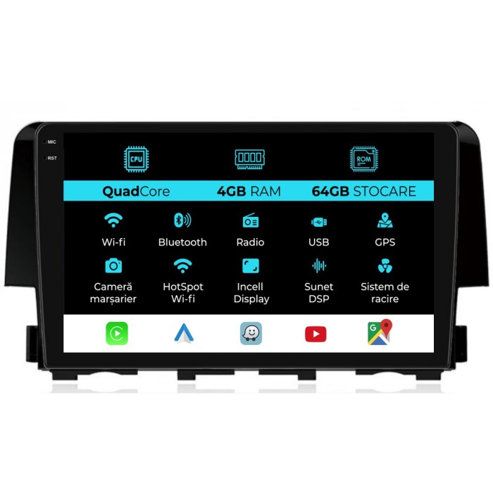 Navigatie Dedicata Honda Civic (2015-2021),QuadCore, 9Inch, 4Gb Ram, 64Gb Stocare, Carplay