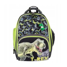 Ghiozdan Bambino TRex pentru scoala, 2 compartimente, 2 buzunare, negru cu verde, 31x20x37 cm