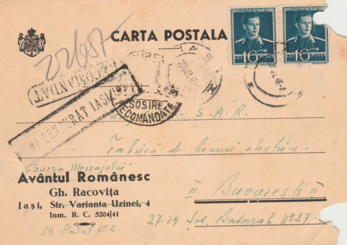 1943 Romania - Carte postala crculata WW2, stampila de cenzura militara IASI 102