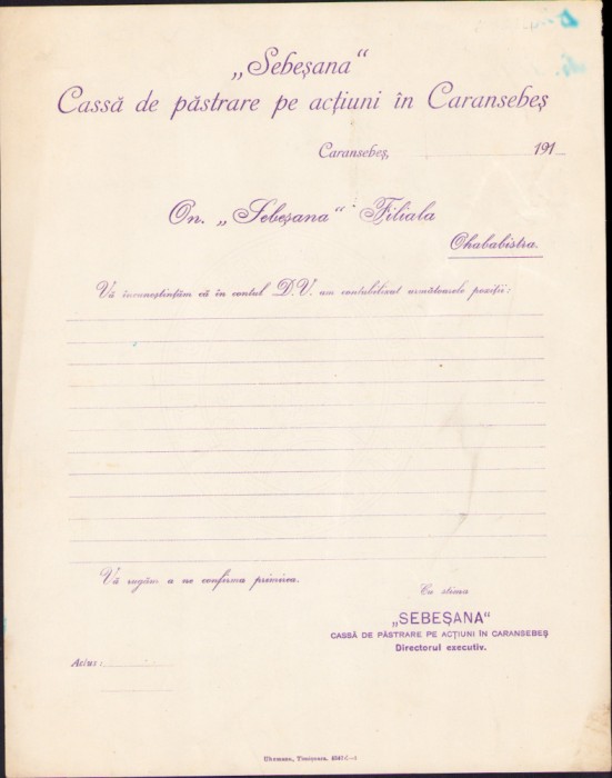 HST A732 Act antet Sebeșana Cassă de păstrare pe acțiuni Caransebeș interbelic