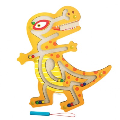 Joc montessori cu bile, flippy, creion magnetic, tip labirint, din lemn, model tiranozaur, 21x18 cm, portocaliu foto