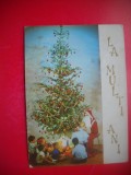 HOPCT 25074 MOS CRACIUN SI COPII SUB BRAD -- FELICITARE CRACIUN / AN NOU -CP VECHE -IP--INTREG POSTAL - ROMANIA - CIRCULATA