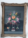 Tablou cu broderie Kalocsa, broderie ungureasca, in rama de lemn, sub sticla, repezentand un buchet de flori, 41x54cm, vintage
