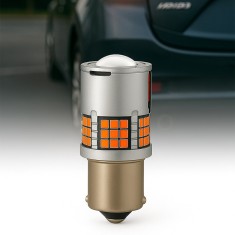 Bec LED Auto PY21W / BAU15S / 1156 cu Lupa si 60 LED-uri Premium Culoare Portocaliu 3000K pentru Semnalizare sau DRL, lumini de zi, CANBUS, fara eroar
