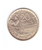 Moneda Franta 20 franci/francs 1950 B GEORGES GUIRAUD, cu 3 pene, stare buna, Europa, Bronz-Aluminiu