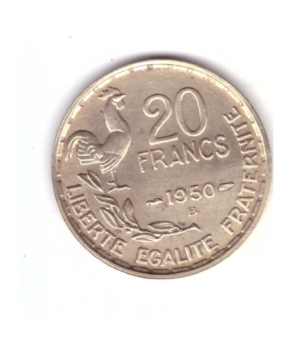 Moneda Franta 20 franci/francs 1950 B GEORGES GUIRAUD, cu 3 pene, stare buna