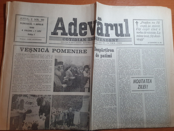 ziarul adevarul 1 aprilie 1990 - 100 de zile de la revolutie