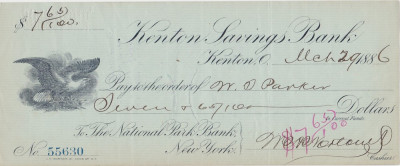 CHECK KENTON SAVINGS BANK 1886 VF WTMK foto