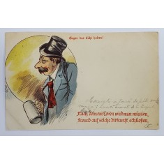 CHEFLIU CU JOBEN SI HALBA DE BERE , CROMOLITOGRAFIE SATIRICA , TIP CARTE POSTALA , CLASICA