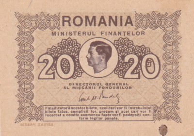 BANCNOTA - ROMANIA - 20 ( DOUAZECI ) LEI , MIHAI I , 1945 foto