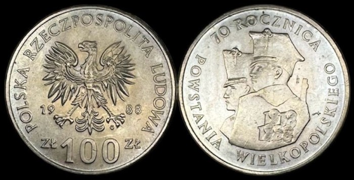 POLONIA 100 ZLOTI 1988 ,70 th Anniversary of the Greater Poland Uprising , km 182 , Xf ++