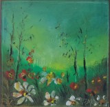 Pictură originală ulei pe p&acirc;nză &bdquo;Flori de c&acirc;mp pe verde ad&acirc;nc&rdquo; 20x20 cm, pe șasiu. Certificat cu semnătura și ștampila artistului