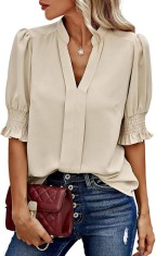 Bluza de vara pentru femei Arevill, decolteu in V, maneca scurta, bej, L - OUTLET