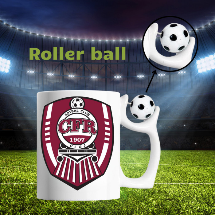 Cană cu minge fotbal &bdquo;Fotbal club CFR Cluj&rdquo;, v1, sport, fotbal, suporter, alba, 330 ml